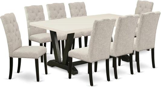 East West Furniture V627EL635-9 9 Piece Dining Table Set Includes a Rectangle Kitchen Table with V-Legs and 8 Doeskin Linen Fabric Parson Dining Room Chairs, 40x72 Inch, Multi-Color