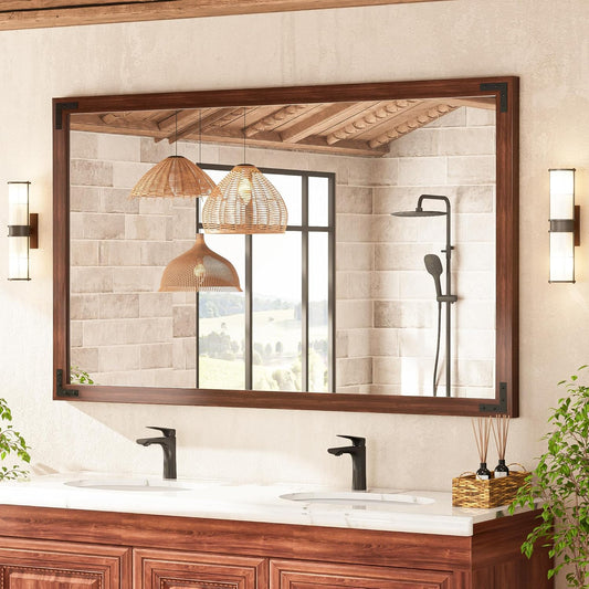 TETOTE 60 x 36 Rustic Bathroom Mirror Wood Frame, Waterproof Walnut Brown Farmhouse Wooden Framed Rectangle Bathroom Vanity Mirror for Modern Boho Decor, Horizontal/Vertical, Easy to Install