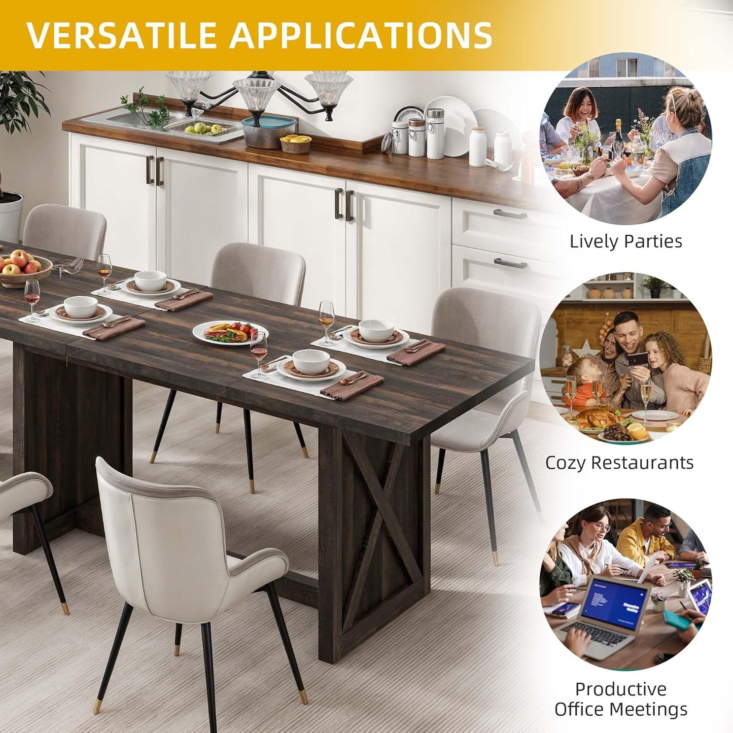 DWVO Farmhouse Large Dining Table for 6-8 People, 70.8 Inch Rectangular Wood Dining Table, Rustic Kitchen Dinner Table with X Solid Legs for Dining Room Grey