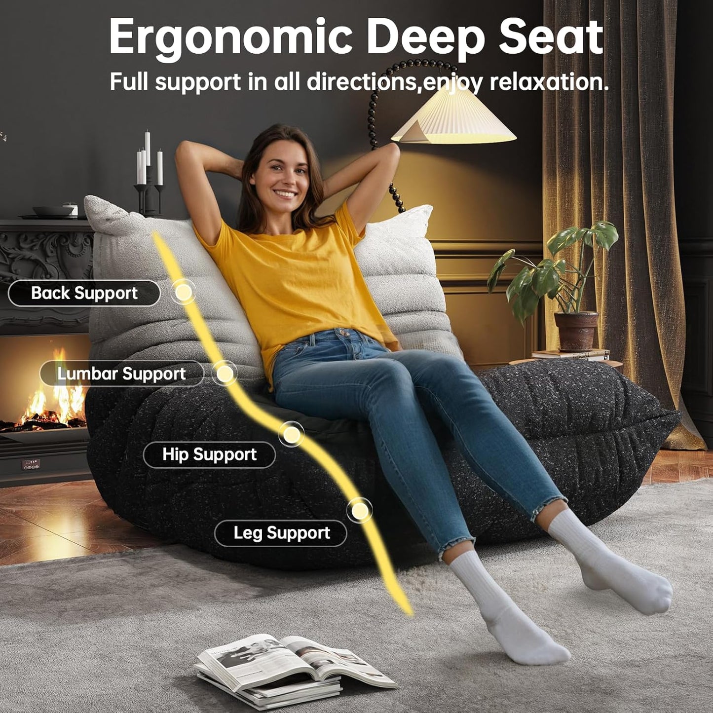 Bean Bag Chairs for Adults, BeanBag Reading Chair Memory Foam Couch, Floor Chair Soft Teddy Material, Comfy Reading Nook Chairs for Bedroom Living Room Office (Black White)