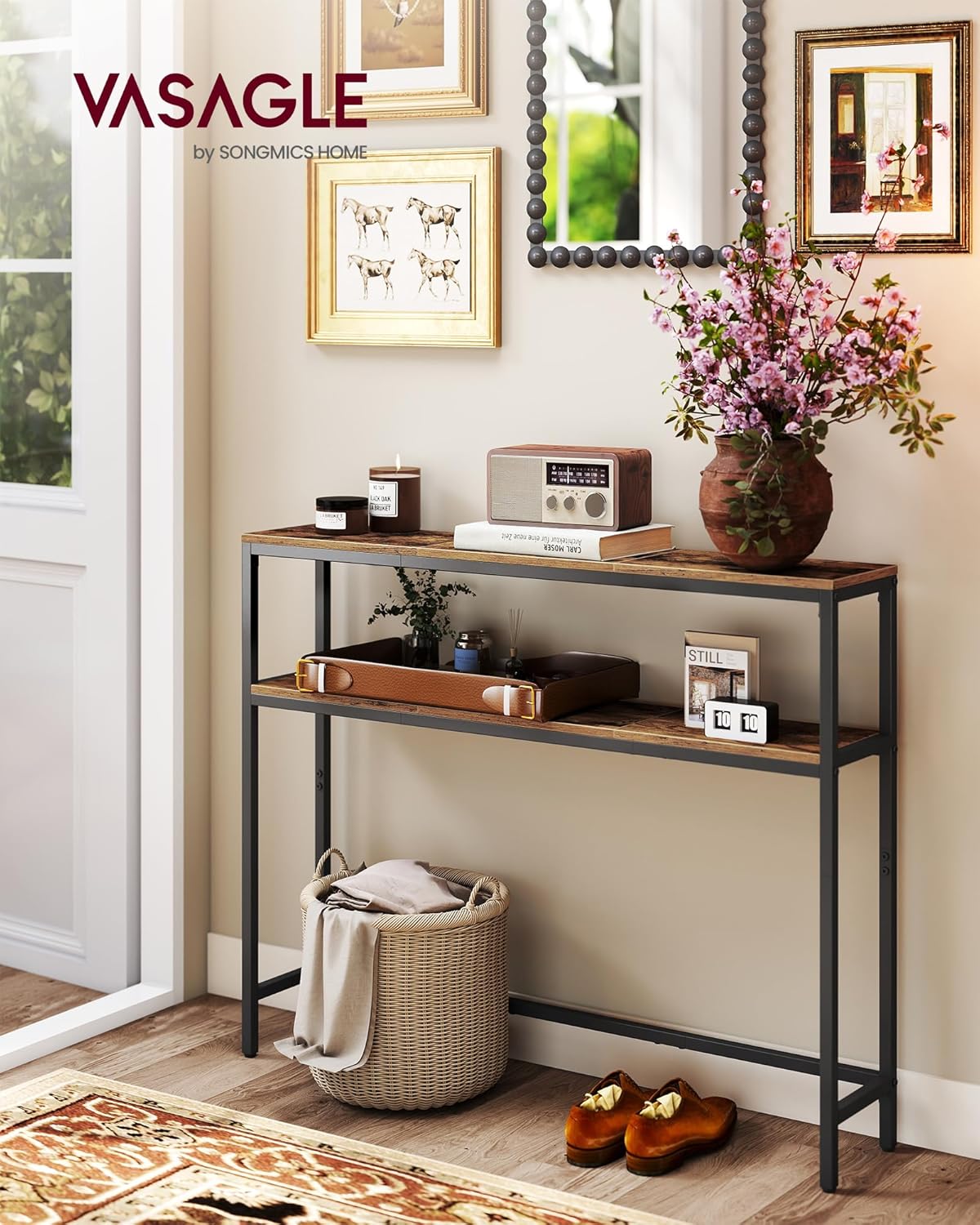 VASAGLE Console Table, 2-Tier Narrow Sofa Table with 2 Shelves, 7.9 x 39.4 x 31.5 Inches, for Living Room, Hallway, Entryway, Rustic Brown and Ink Black ULNT131K01V1