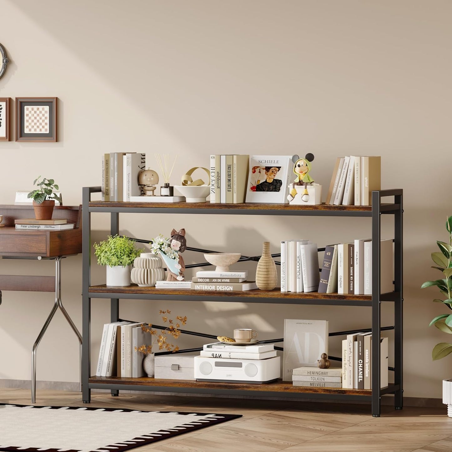 3 Tier Bookshelf 47.24" Width, Wood and Metal Etagere Bookcase, Vintage Farmhouse Modern Wooden Large Book Shelf for Home Living Room Bedroom Office Storage(Rustic Brown)
