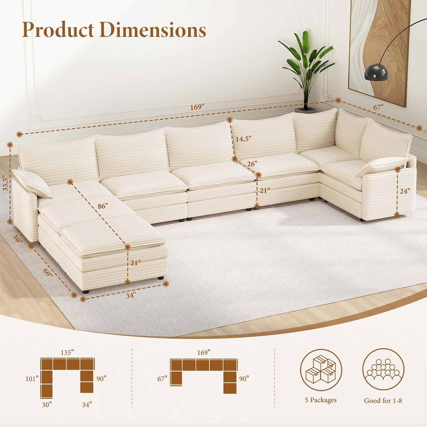 Vesgantti Large Modular Sectional Sofa, Big Comfy Cloud Couch with Ottoman Deep Seat Corduroy Cloud Sofa, 8 Seater Large Sectional Couches for Living Room, Bedroom and Apartment, Beige