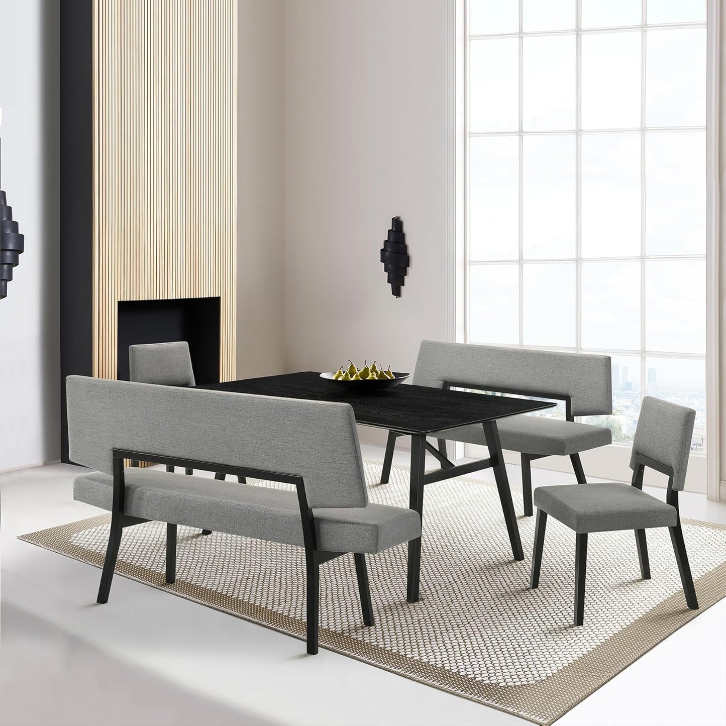 Armen Living Channell Mid Century Modern 5 Piece Black Wood Dining Table Set with Benches in Charcoal Fabric