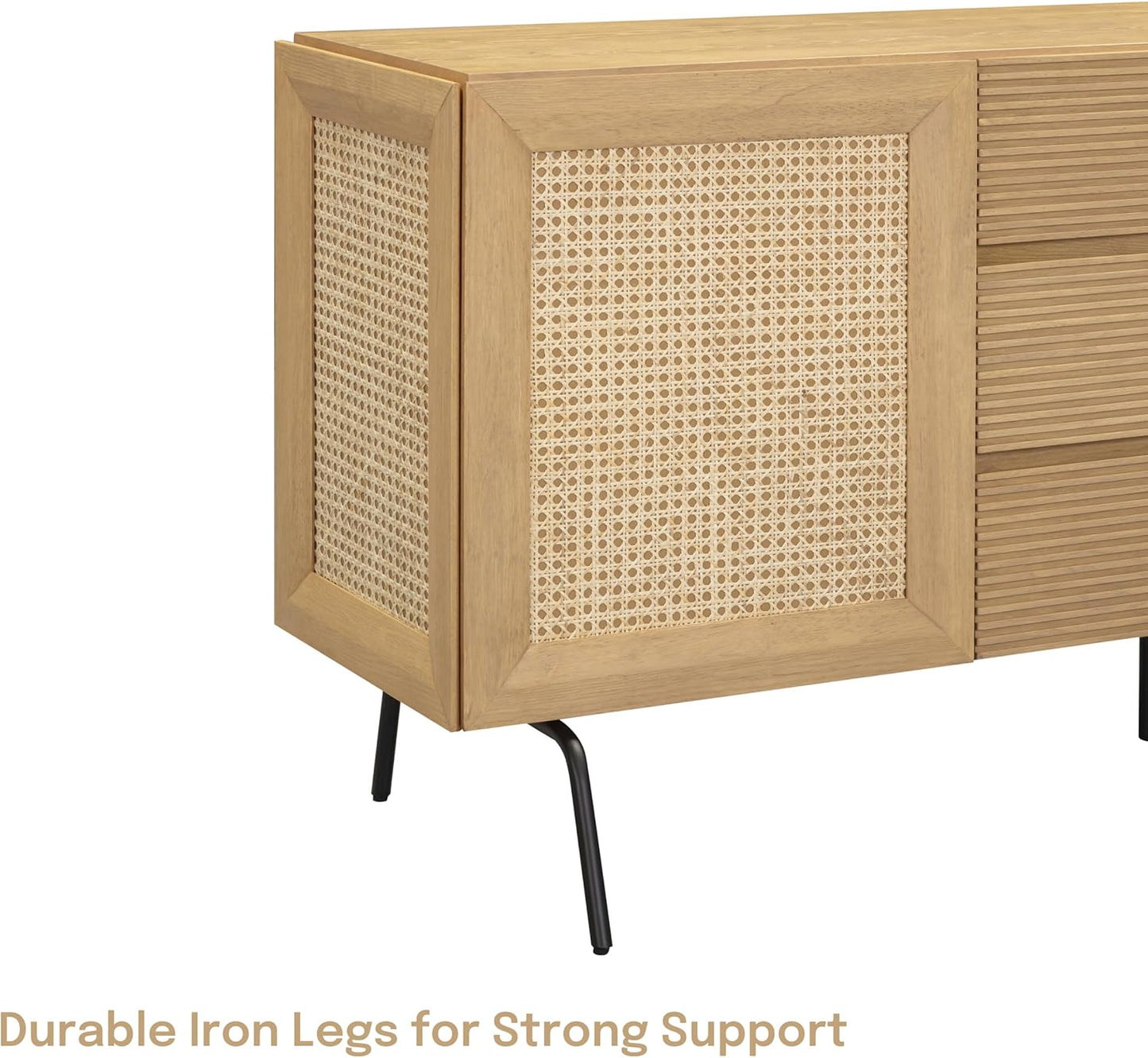 NTC MOSSIC Sideboard with 2 Doors and 3 Drawers, Buffet Cabinet with Natural Rattan and Metal Legs, Modern Storage Cabinet for Living Room, and Hallway, Effortless Assembly, Sand