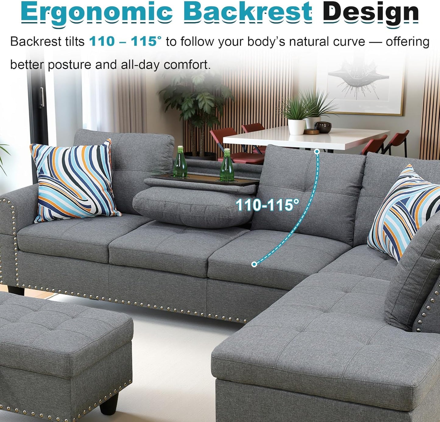 97.5" Oversized Sectional Couch, L Shaped Couch with Storage Ottoman, Modern Modular Sofa with Deep Seat, Sectional Couches for Living Room and Office, Grey (Linen)