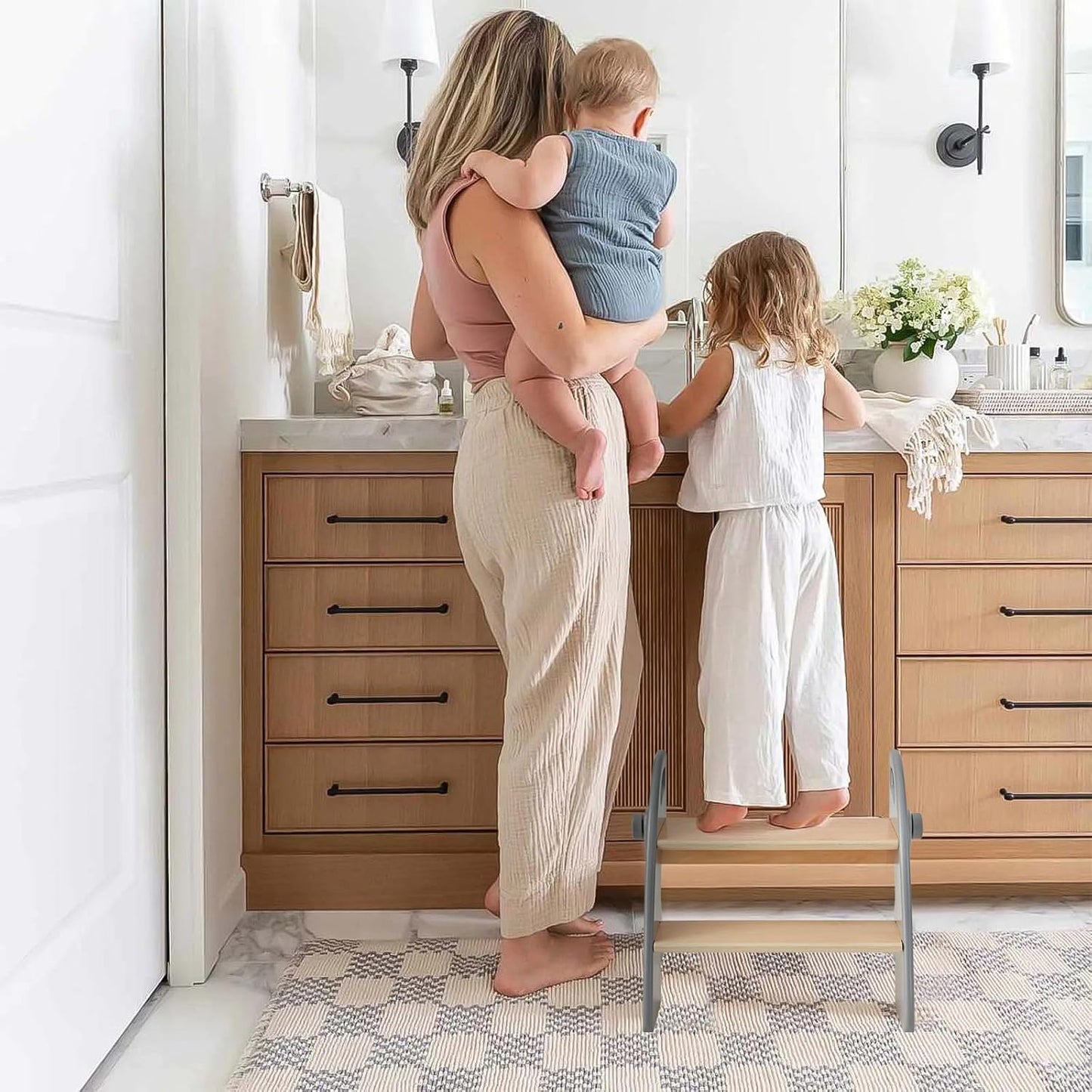 Wooden 2 Step Stool for Kids Bathroom Sink Foldable Anti-Slip 2-Step for Toilet Potty Training, Child Stepping Stool for Kitchen Nursery Bedroom, Sturdy Non Slip Adult Stool for Closet Grey