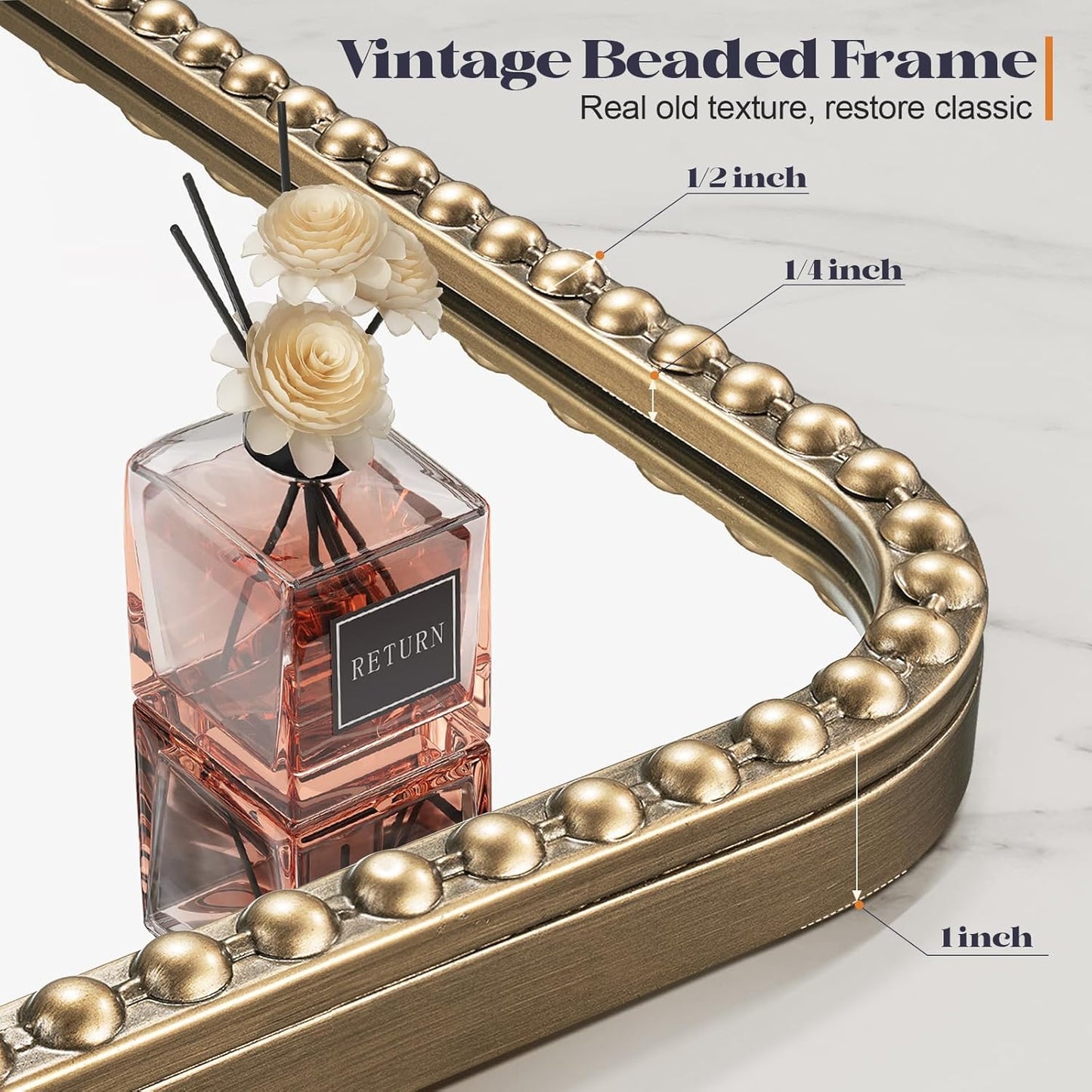 30"x36" Antique Brass Mirror with Beaded Frame for Bathroom, Champagne Bronze Mirrors for Bathroom, Antique Brass Metal Frame Wall Mirrors, Gold Beaded Mirror for Vanity Ornate Bedroom