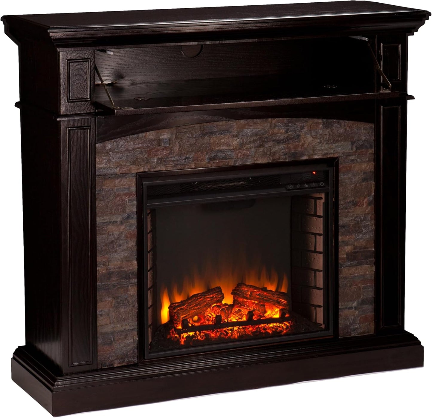 SEI FURNITURE Grantham Faux Stone Corner Electric Media Fireplace, Ebony Finish.
