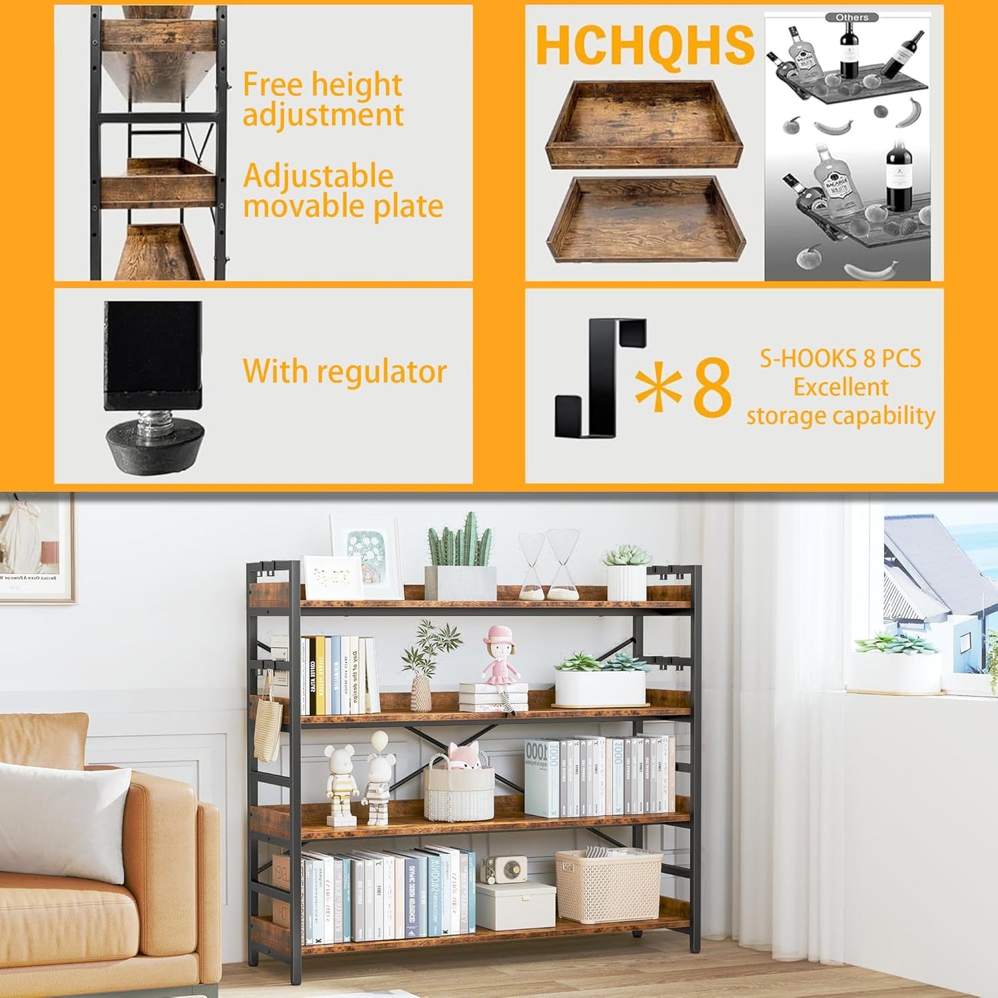 HCHQHS 4 Tier Bookshelf, Adjustable Industrial Bookcase, Vertical Tall Book Shelf, Wood and Black Metal Open Bookshelves for Home Office, Living Room, Bedroom