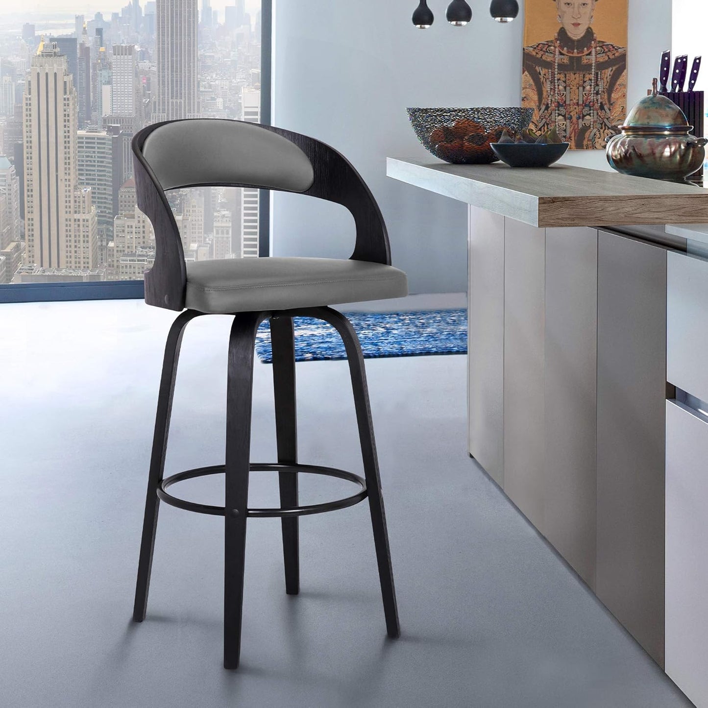 Armen Living Shelly 26" Counter Height Swivel Gray Faux Leather and Black Wood Bar Stool