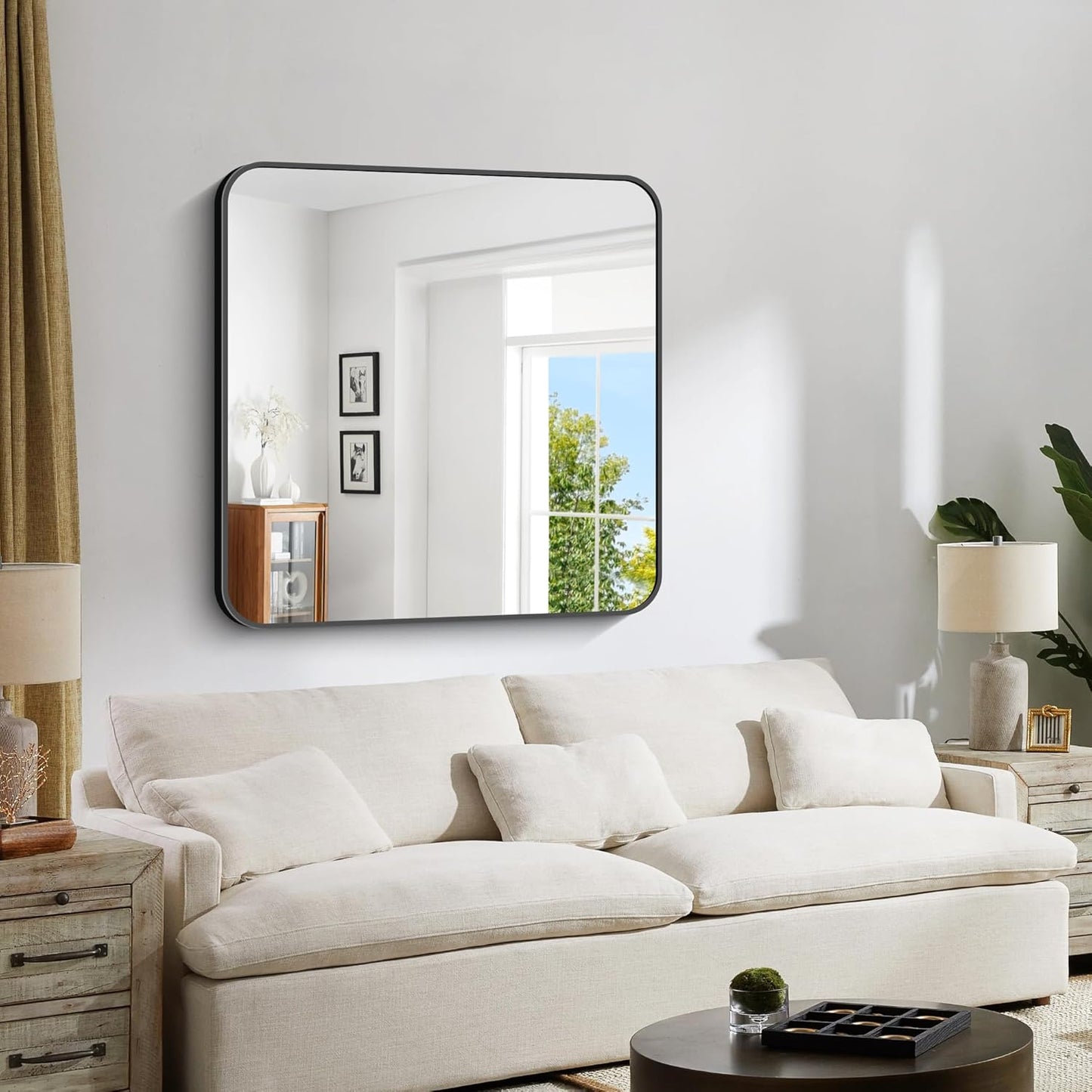 Bathroom Mirror, 36"x36" Black Square Wall Mirror, Metal Frame Rounded Corner Vanity Mirror, Large Wall Mounted Mirror for Modern Bedroom Living Room Horizontal Or Vertical Mounting