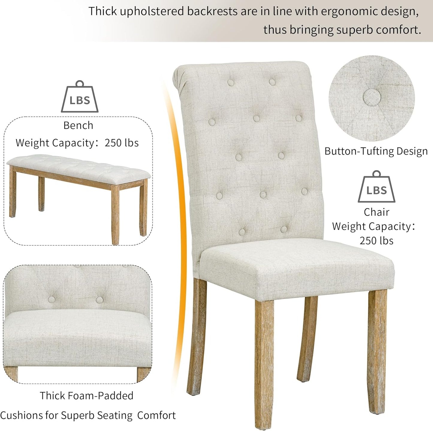 SogesPower 6-Piece Dining Table Set, Rectangular Farmhouse Kitchen Dining Table Set with 4 Upholstered Chairs & 1 Bench, Retro Kitchen Table Set for 4-6 for Dining Room Living Room,Natural Wood Wash