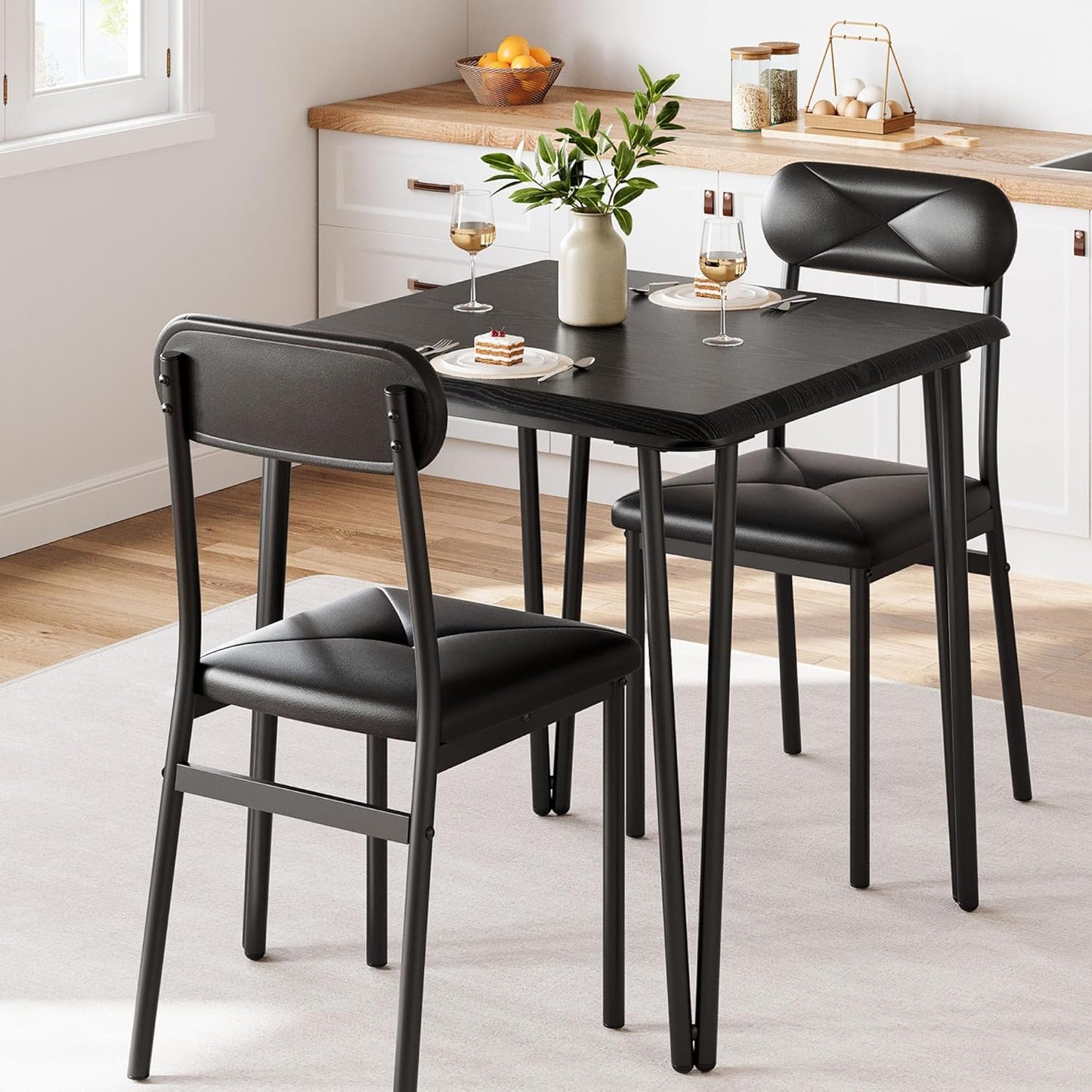IDEALHOUSE Dining Table Set for 4, Kitchen Table with Upholstered Chairs for Kitchen Room and Small Spaces (Black, Table with 2 Upholstered Chairs)