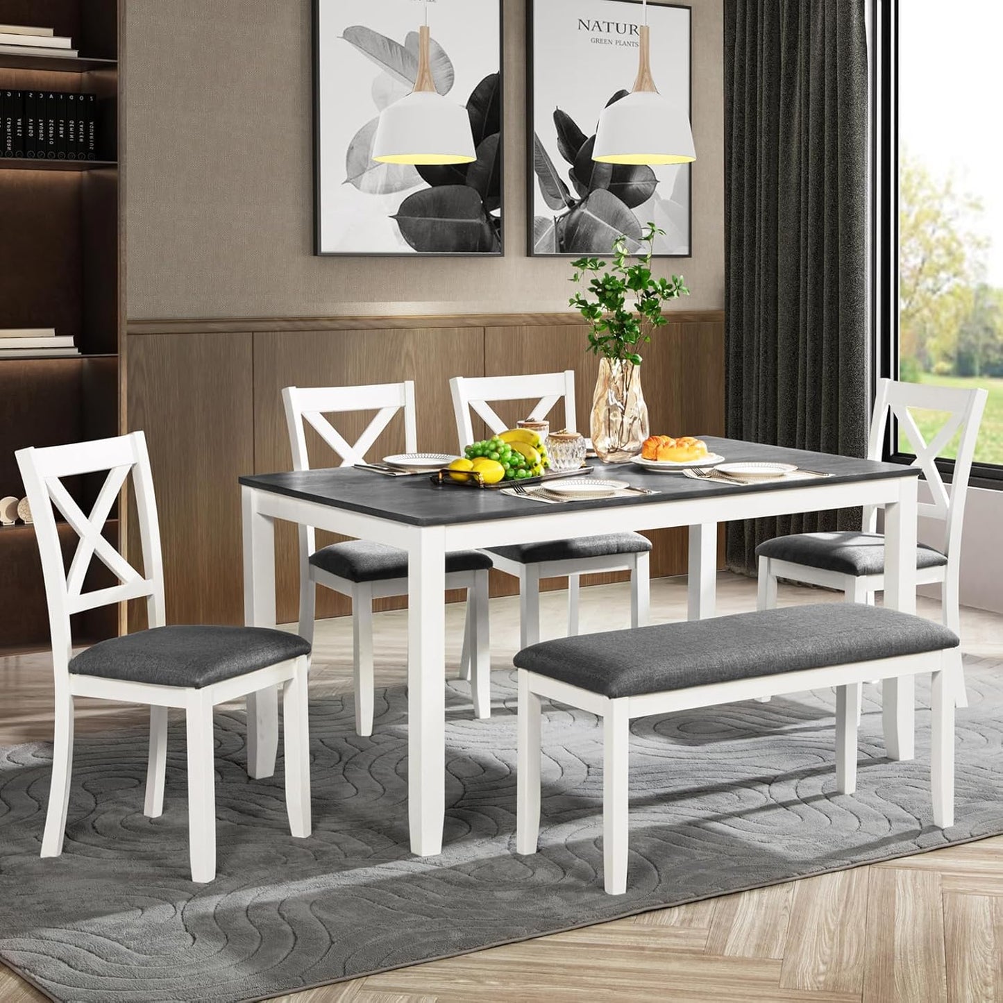 soges 6-Piece Kitchen Dining Table Set with Bench, Wood Dining Table Set for 6, Modern 6-Person Table Set for Dining Room, Kitchen, Grey & White