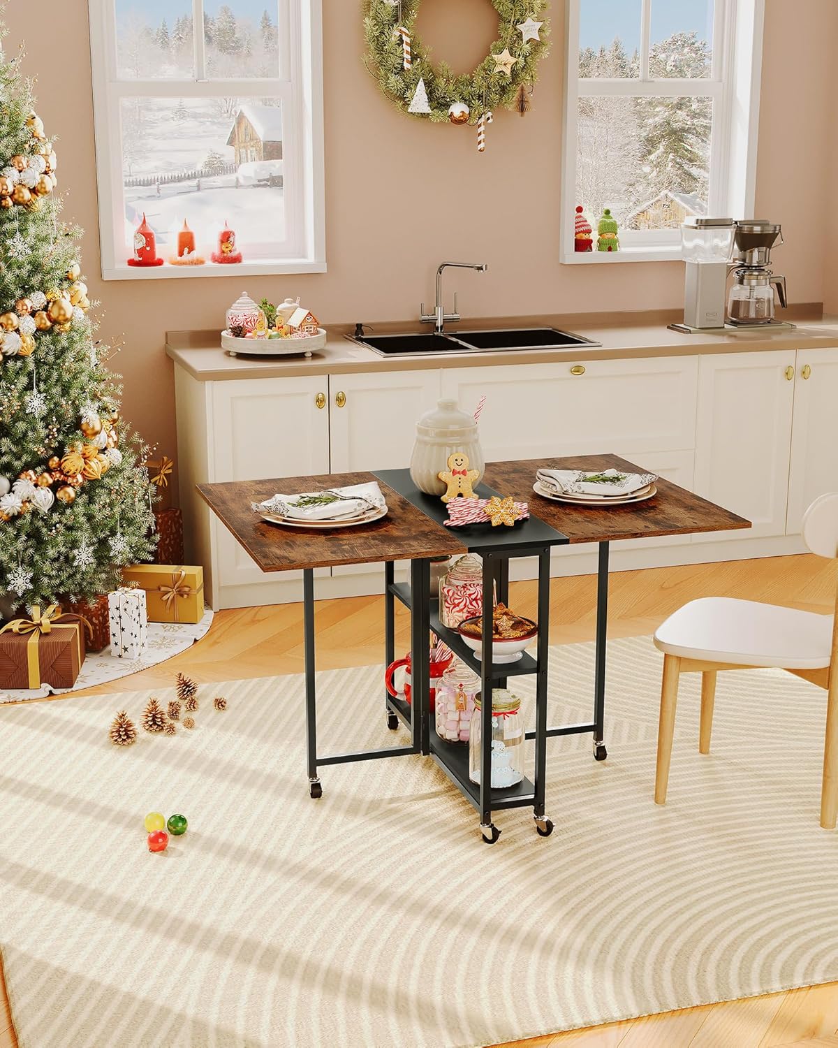 Folding Dining Table, Movable Dining Table, Expandable Kitchen Table, Versatile Table with 6 Wheels and 2-Tier Shelf, for Dining, Living Room, Apartment, Rustic Brown TCZ01BF