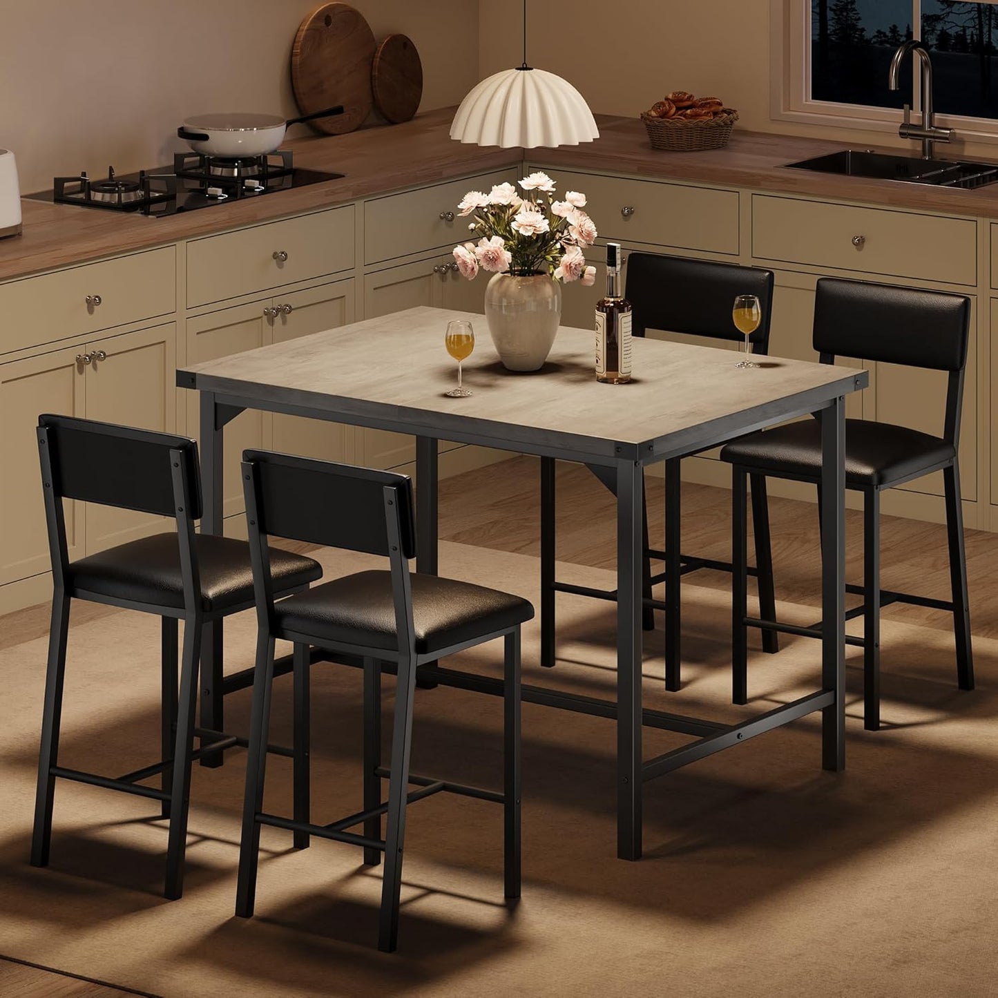 IDEALHOUSE Dining Table Set for 4 w/Footrest & Corner Protector, 5-Piece Kitchen Table Set with Counter Height Table & 4 Upholstered Bar Stools, for Kitchen Room, Apartment, Pub, Retro Gray