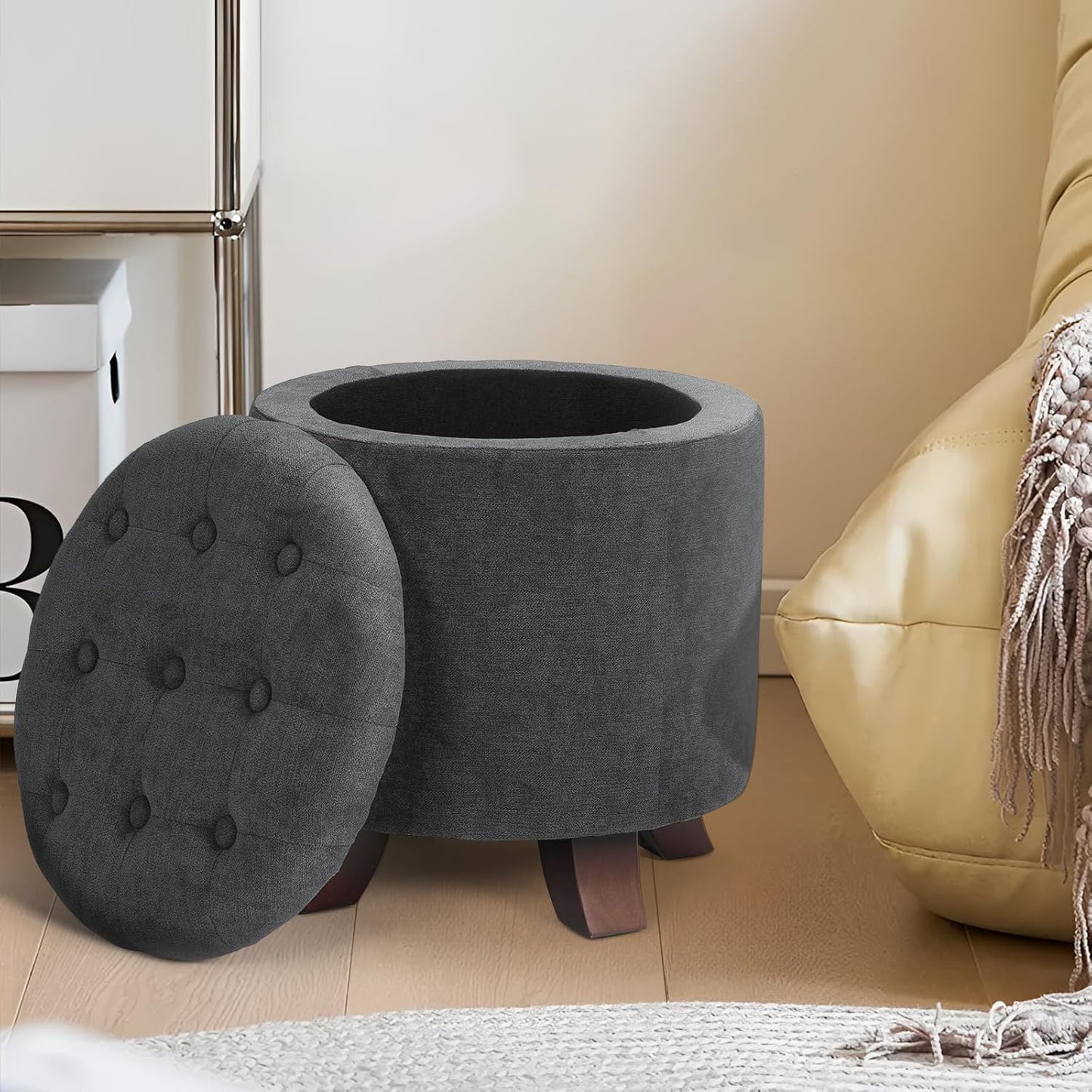 Athena Collection 15 Inch Small Ottoman with Storage, Round Linen Fabric Storage Ottoman Foot Rest with Removable Lid, Multipurpose Footstool Footrest for Living Room, Bedroom, Dorm, Dark Grey