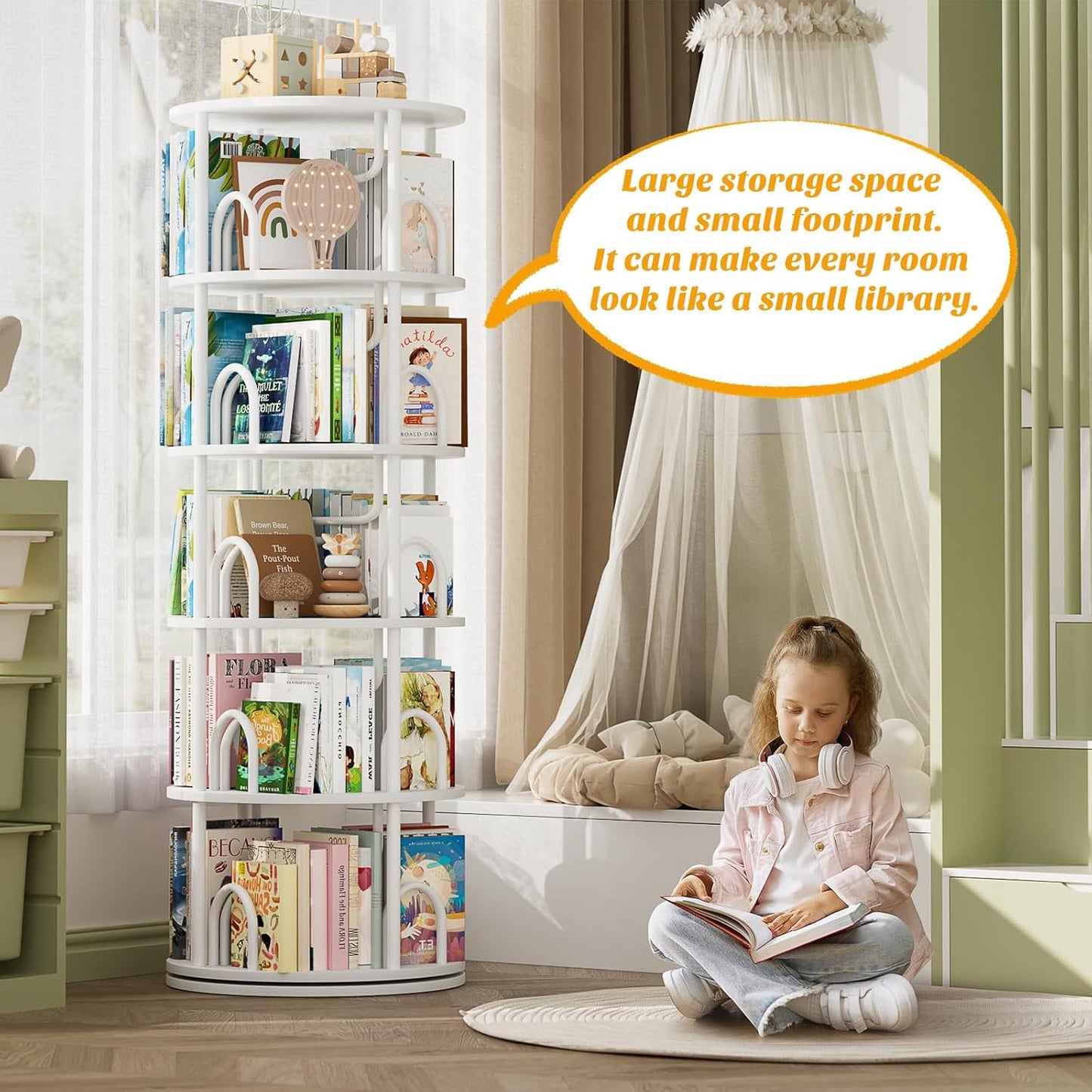Aheaplus 5 Tier Rotating Bookshelf Tower, 360 Display Spinning Bookcase, Revolving Round Book Shelf Narrow Swivel Bookshelf, Vertical Turning Spiral Corner Book Organizer for Small Space, White