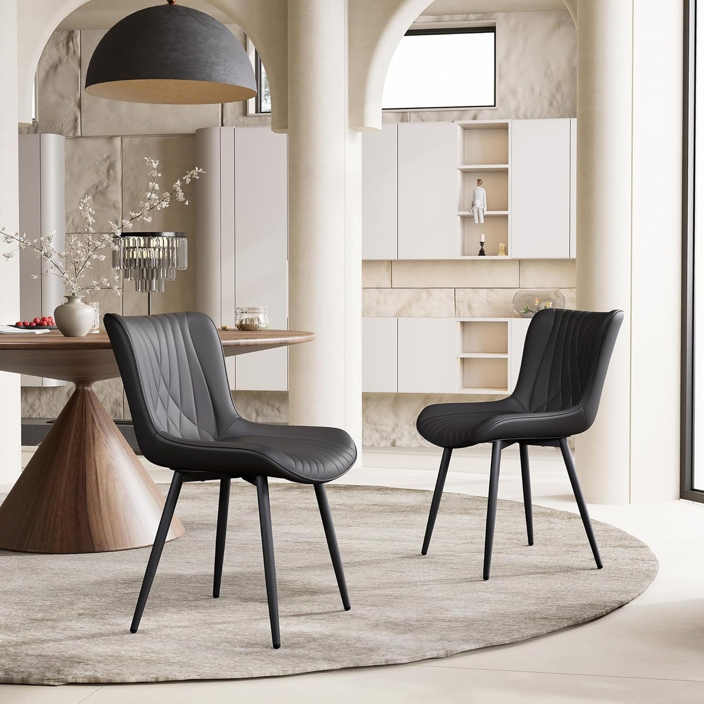 YOUTASTE Black Dining Chairs Set of 2 Upholstered Mid Century Modern Kitchen Dining Room Chairs Armless Faux Leather Accent Chairs Metal Vanity Lounge Chair with Back for Living Room Bedrooms