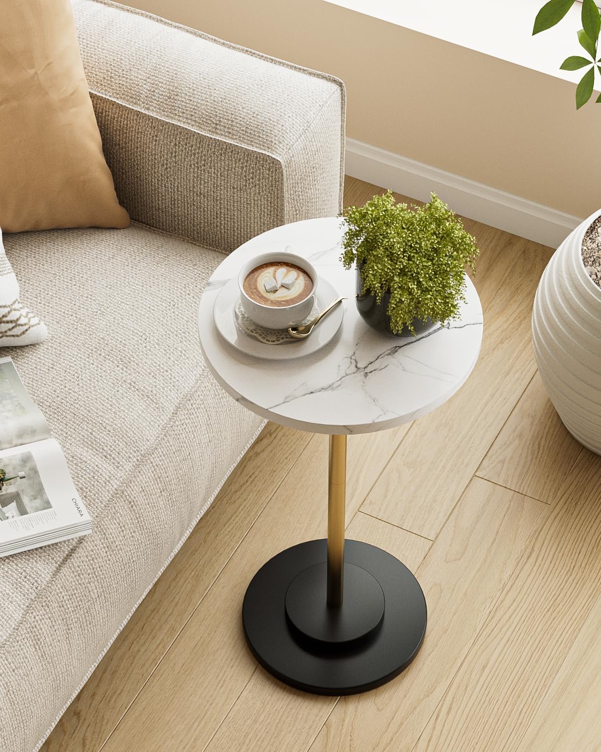 Round Side Table, Small Drink Table for Small Spaces, Modern Accent End Table Coffee Table with Metal Leg for Living Room, Bedroom, Corners, and Office (White Marble)
