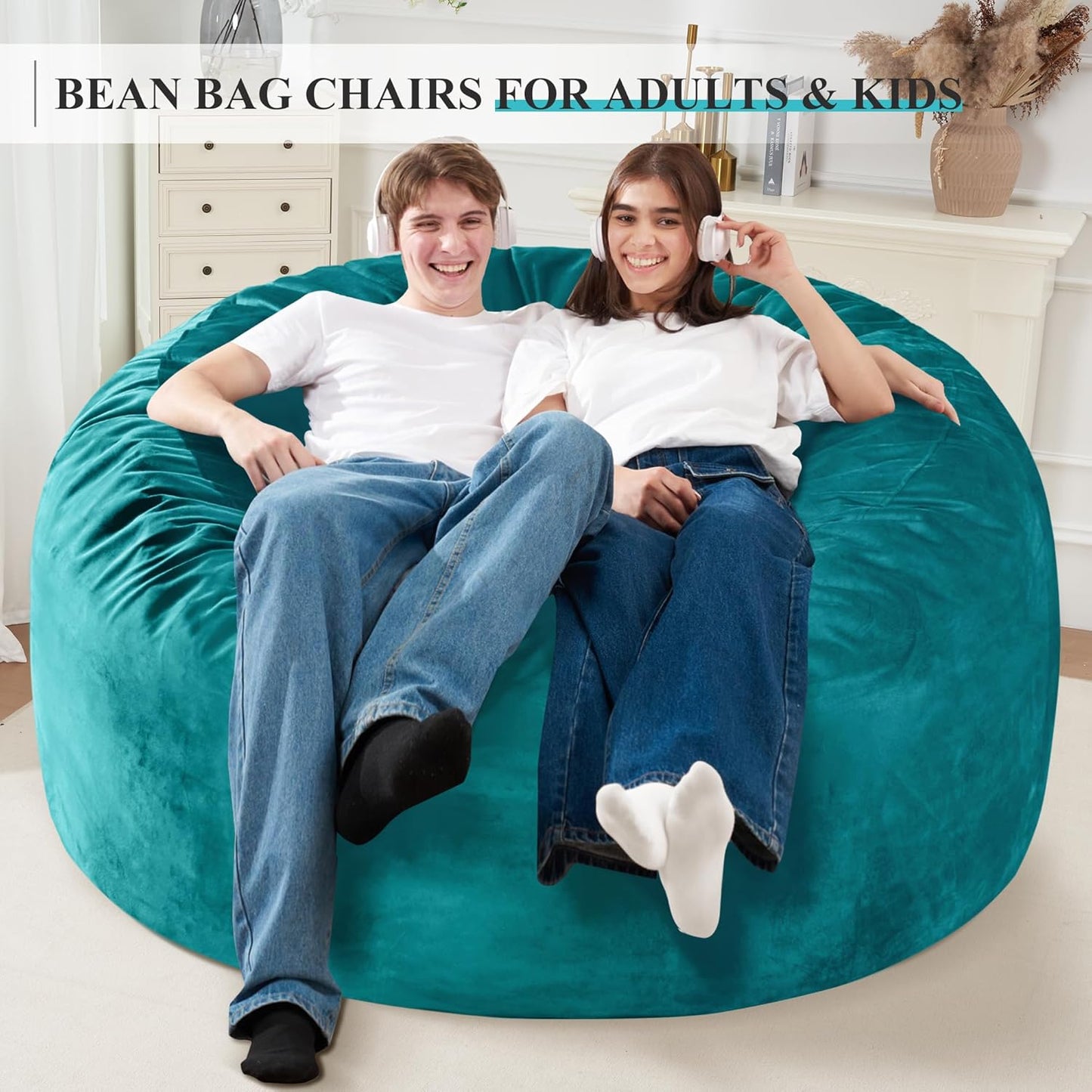Homguava 5 FT Bean Bag Chair: 5' Bean Bags with Memory Foam Filled, Large Beanbag Chairs Soft Sofa with Dutch Velvet Cover-Sea Blue