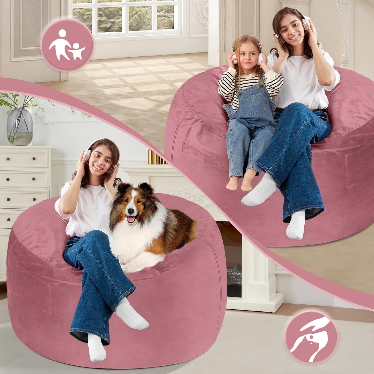 Homguava 3FT Bean Bag Chair: 3' Bean Bags with Memory Foam Filled, Large Beanbag Chairs Soft Sofa with Dutch Velet Cover-Dusty Pink