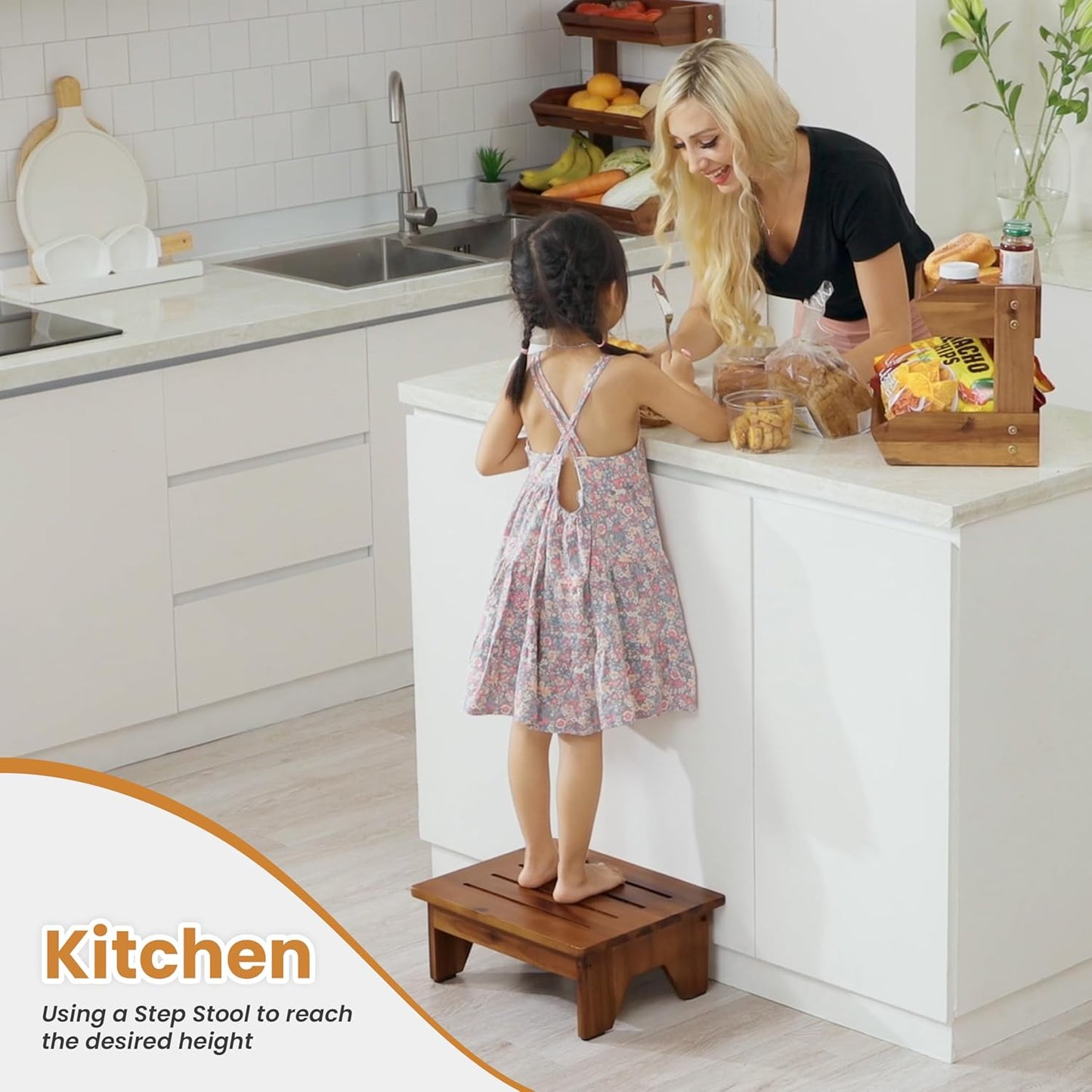 Holana 6" Acacia Wood One Step Stool for Adults - 300 Lbs Wooden Step Stools Heavy Duty for High Bed Riser, Bathroom, Bedroom - Small Stepping Stool for Elderly, Seniors, Kids, Handicap Use Indoor