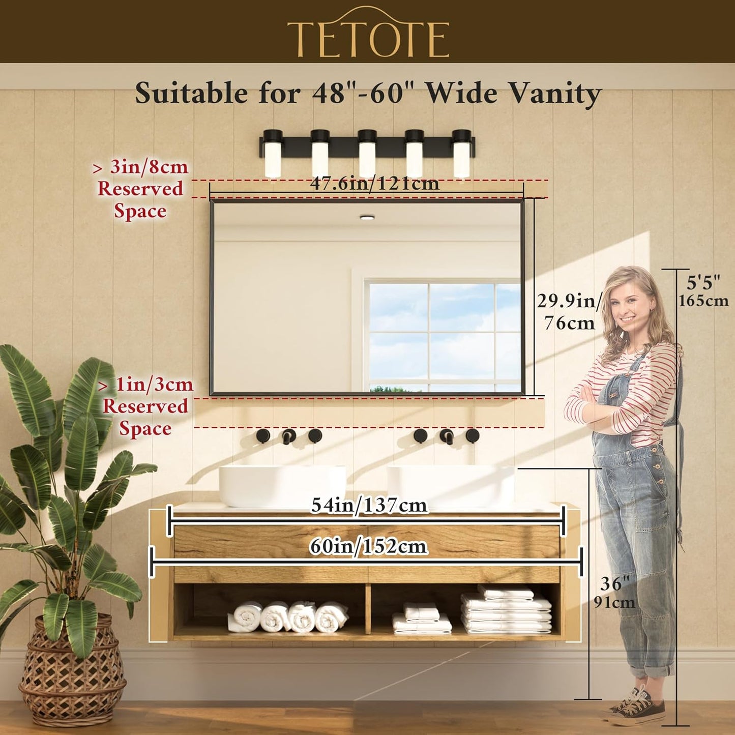 TETOTE Brushed Nickel Bathroom Mirror 48" x 30" Beveled Frame Rectangle Bathroom Vanity Wall Mirror for Over Sink, Tempered Glass, Stronger Frame, Modern Farmhouse Bedroom, Entryway, Living Room