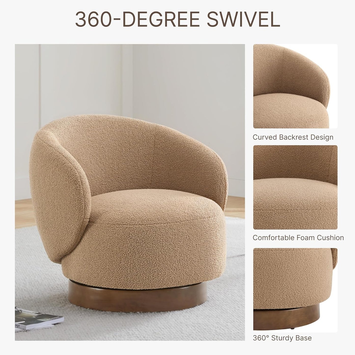 Swivel Accent Chair Round Barrel Armchair Upholstered Performance Fabric for Living Room Bedroom Waitingroom,1 Box,Sand