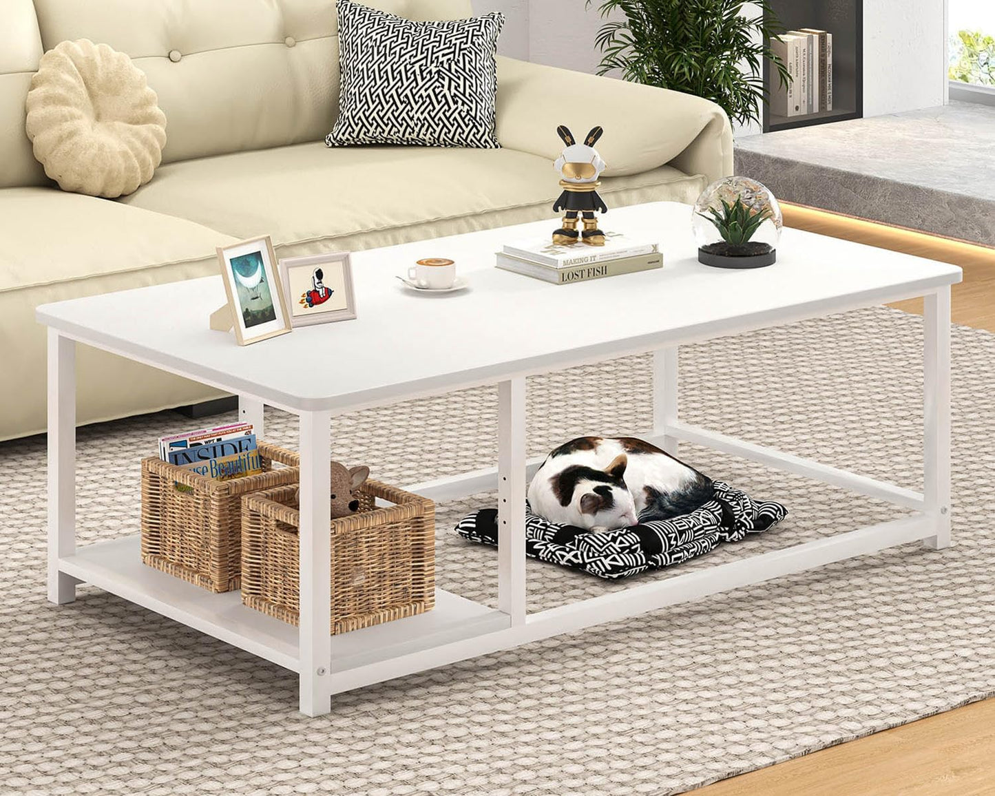 EXCEFUR White Coffee Table, Modern Rustic Wood Center Table with Storage for Living Room, Industrial Rectangle Cocktail Tea Table, 47 Inch