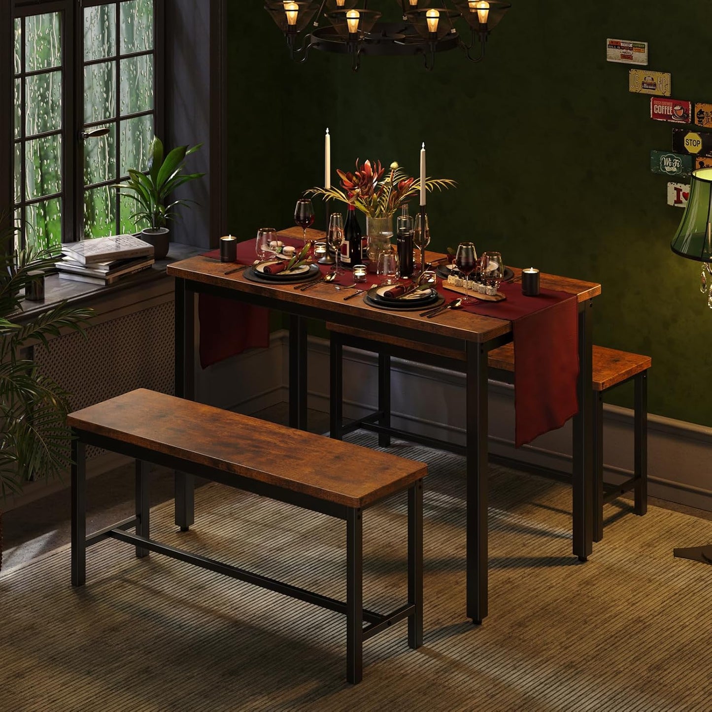 Tatub Dining Table Set for 4, 3-Piece Kitchen Table with 2 Benches, Space-Saving Dining Room Set for Breakfast Nook and Small Spaces, Brown