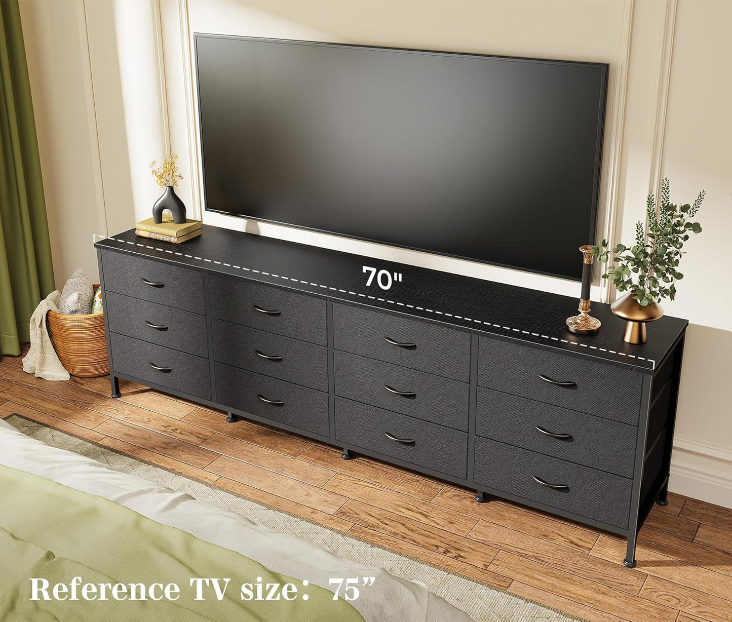 Huuger 70 Inch Black Dresser for Bedroom, TV Stand for 65, 75, 80 Inch TV, 12 Fabric Drawer Long Dresser, Wide Chest of Drawer, Storage Units for Living Room