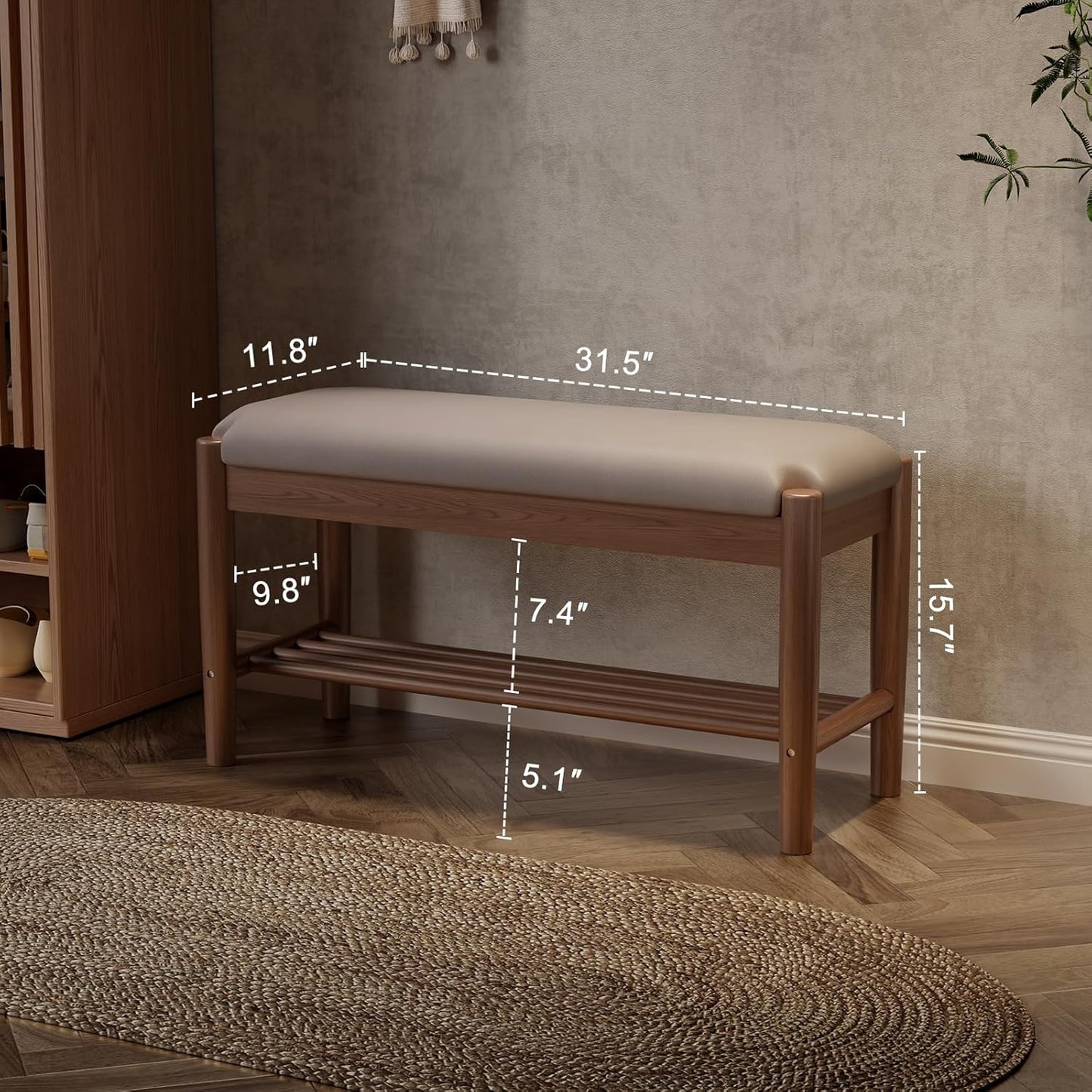 Shoe Bench Entryway with Cushion, Solid Wood Bench with Shoe Storage, 2-Tier Shoe Rack Bench for Entryway,Hallway (Gray)