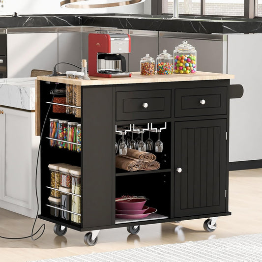 Merax Rubber Wood Kitchen Island with Adjustable Storage, Rolling Kitchen Storage Cart with Drop Leaf, Open Storage, Wine Rack, 5 Wheels for Home, Kitchen, Dining Room, Black