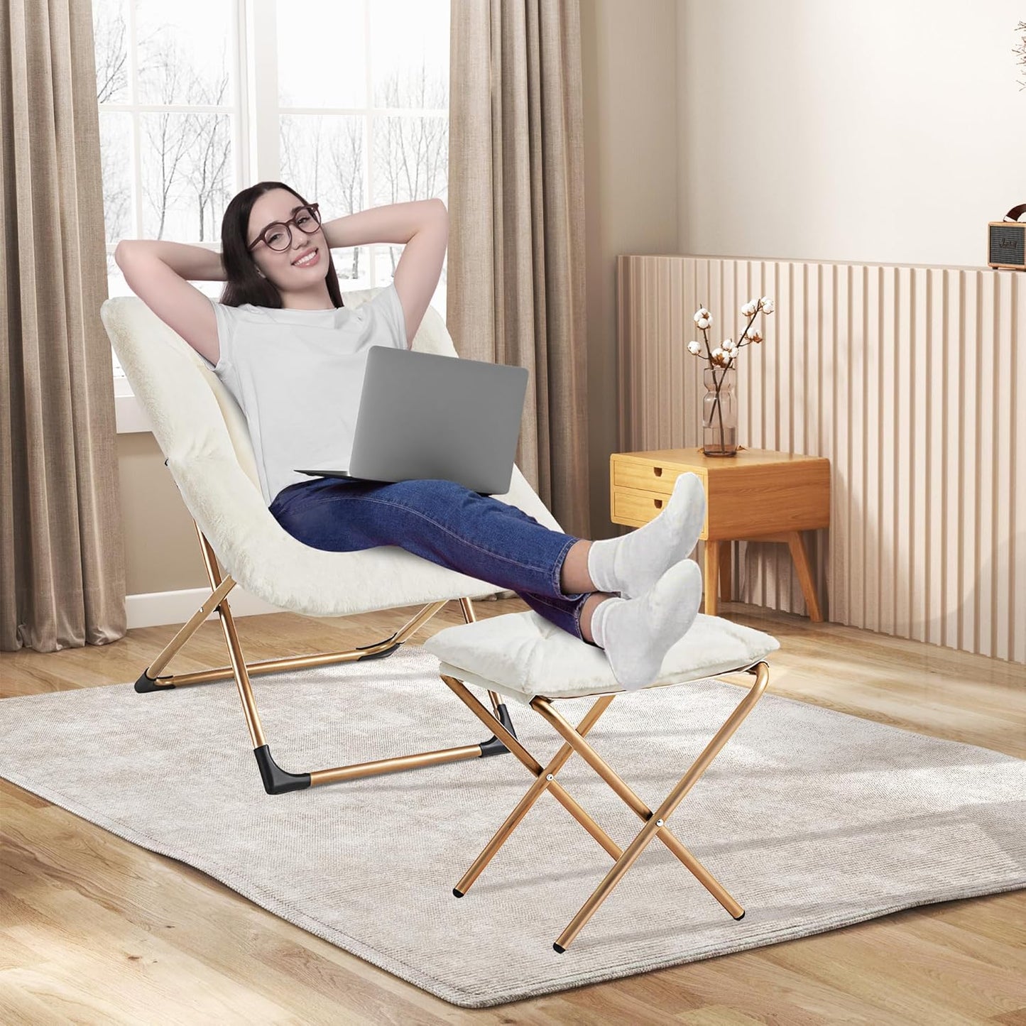 Comfy Oversized Saucer Chair with Ottoman,Soft Faux Fur Reading Lounge Chair for Adults,Stable X-Large Metal Frame and Non-Slip Pad,Cozy Chair for Bedroom, Living Room, Dorm, Office, Beige