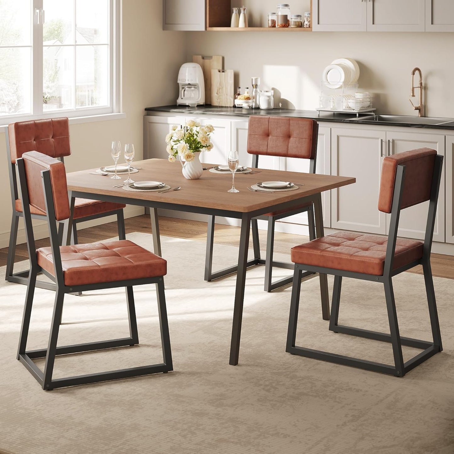 DWVO Modern Dining Chairs Set of 4 Brown Upholstered Kitchen Chairs with Faux Leather Cushion Seat and Heavy Duty Metal Leg for Kitchen Living Room Restaurant, Brown