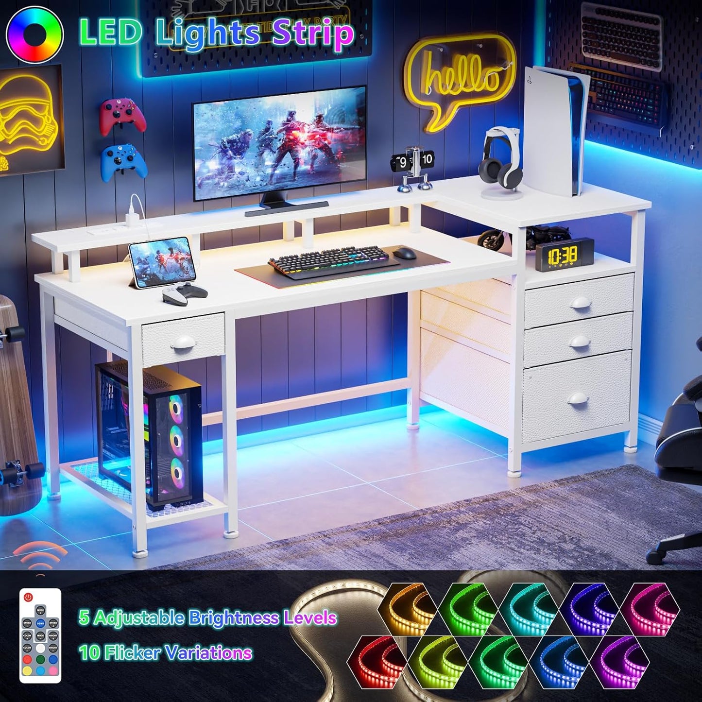 Furologee 60" White Office Computer Desk with 4 Drawers,Gaming Desk with LED Lights and Power Outlets,Long Desk with Fabric File Cabinet,Study Writing Work Table with Shelf for Bedroom Home Office