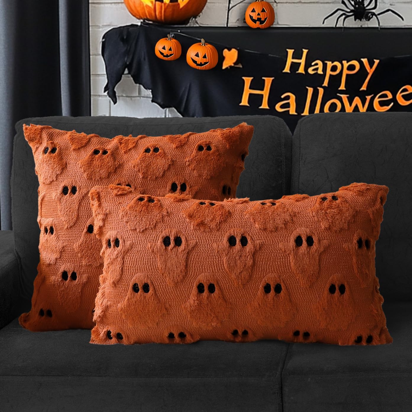 4TH Emotion Halloween Ghost Decorative Pillow Covers 18x18 Set of 2, Rust Red Soft Plush Faux Fur Farmhouse Throw Cushion Cases for Fall Autumn Holiday Home Decorations