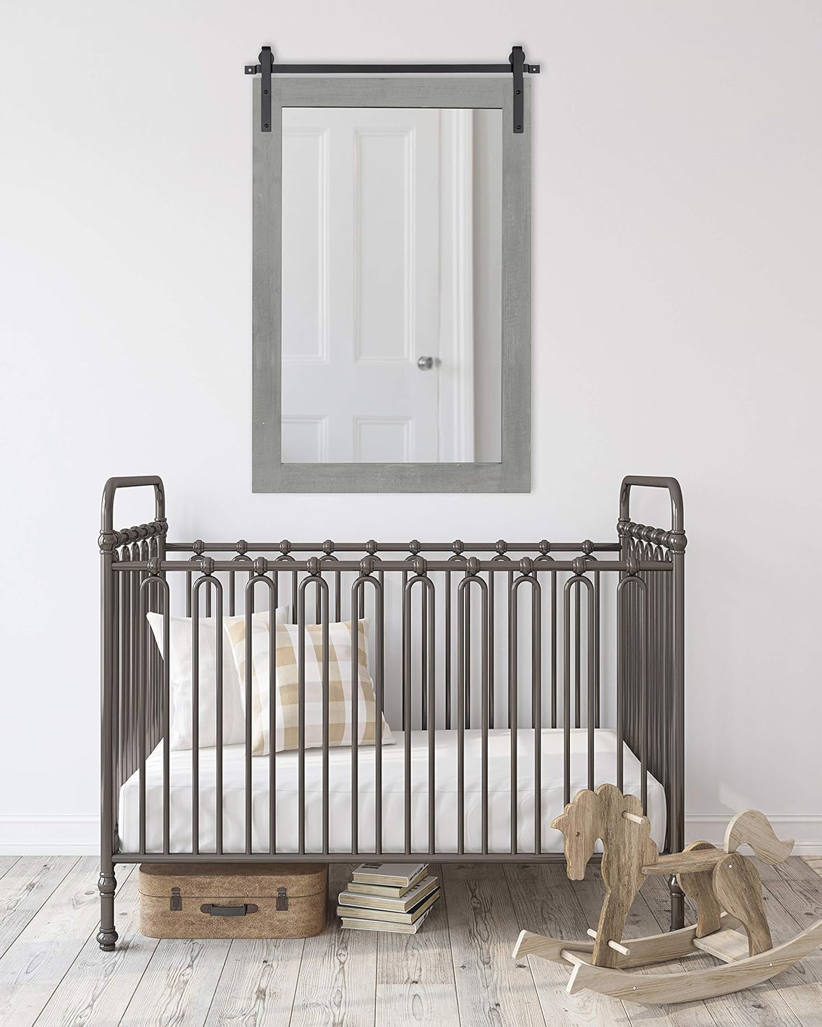 Kate and Laurel Cates Farmhouse Wall Mirror, 24 x 38, Gray, Barn Door-Inspired Rustic Mirrors for Wall