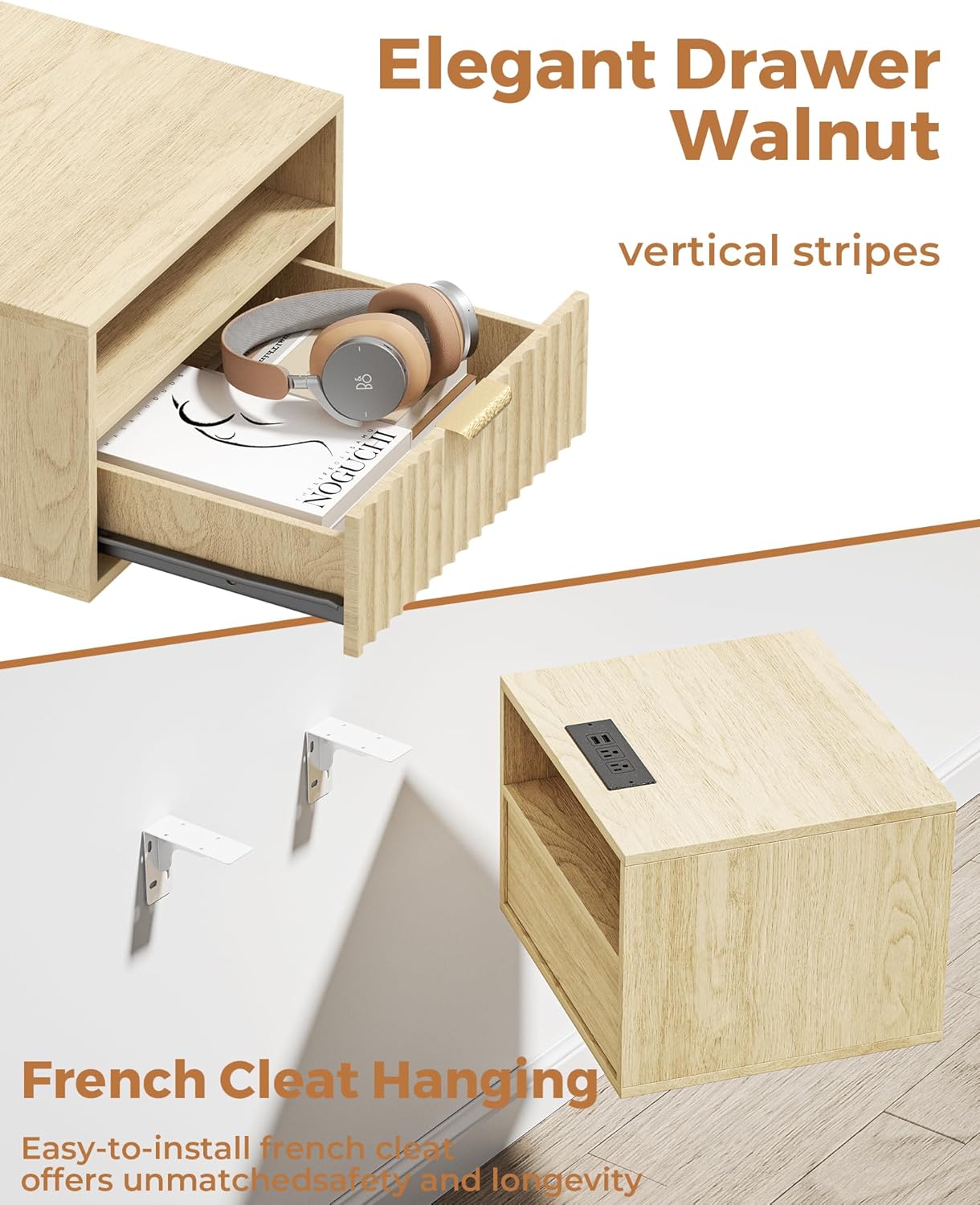 Floating Nightstand Set of 2 - Fluted Night Stand with Charging Station Wood Wall Mounted Nightstand with Drawer & Open Shelf, Modern Bedside Table Large End Table for Bedroom Closet