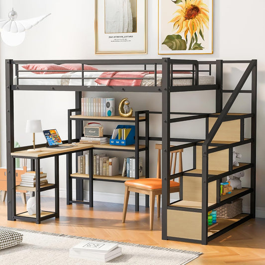Full Size Metal Loft Bed with Staircase,Full-Length Guardrails,a Built-in Desk and a 3-Tier Shelf,No Box Spring Needed,Noise Free,for Juniors&Adults,Black