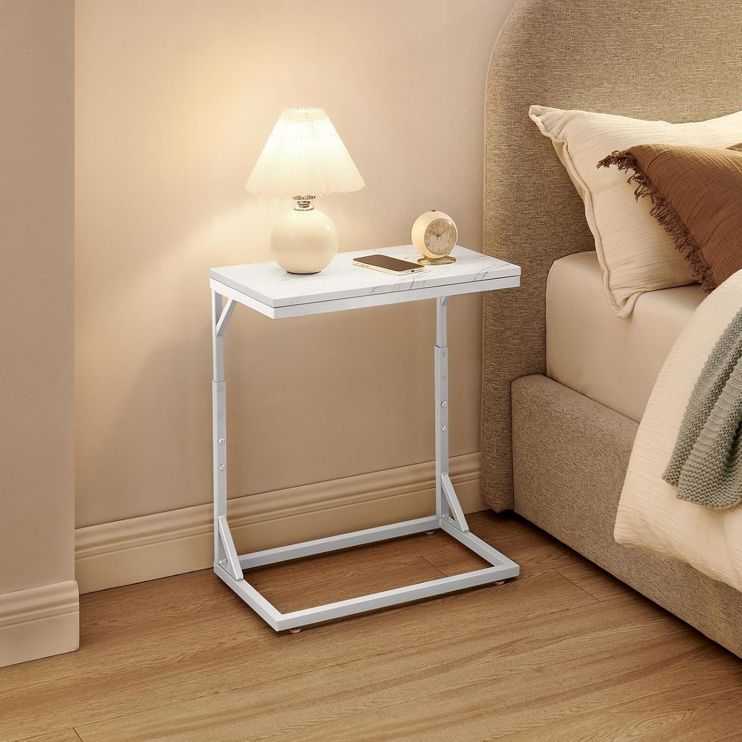 C-Shaped End Table, Small Sofa Table with Metal Frame, Adjustable Height Side Table for Couch, Living Room, Bedroom, Bedside (Silver, Medium)