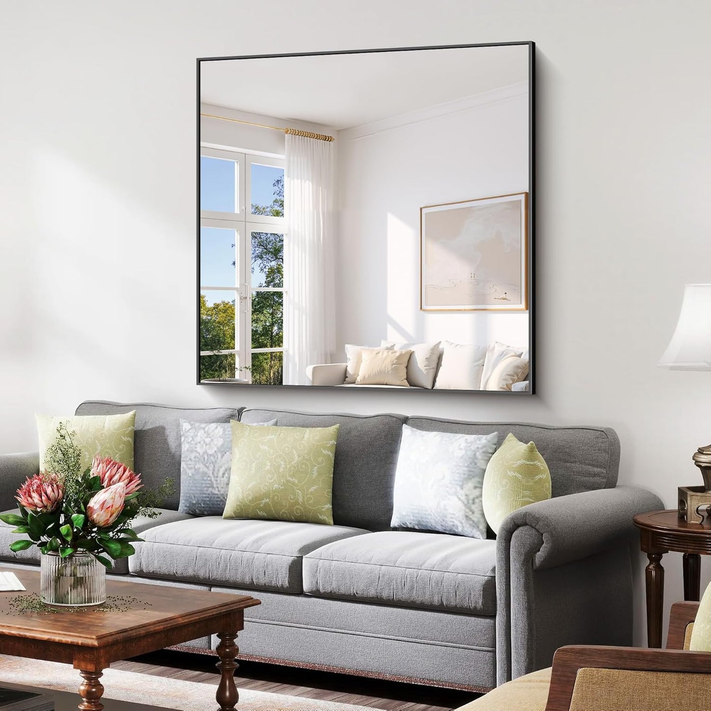 YIROMAN Bathroom Mirror for Wall 48"x48", Large Matte Black Bathroom Mirror with Metal Frame, Square Vanity Mirror with Right Angles, Wall Mirror Hangs Horizontal or Vertical, Shatterproof