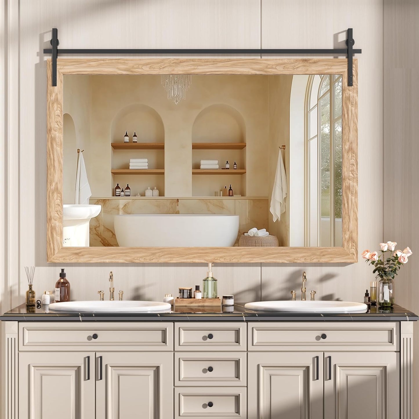 Hasipu Farmhouse Bathroom Mirror, 55"x36" Rustic Wood Framed Wall Mounted Mirror, Brown Vintage Vanity Mirror Barn Door Style Decrative Mirrors