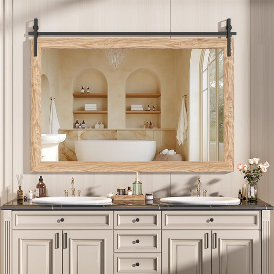Hasipu Farmhouse Bathroom Mirror, 55"x36" Rustic Wood Framed Wall Mounted Mirror, Brown Vintage Vanity Mirror Barn Door Style Decrative Mirrors