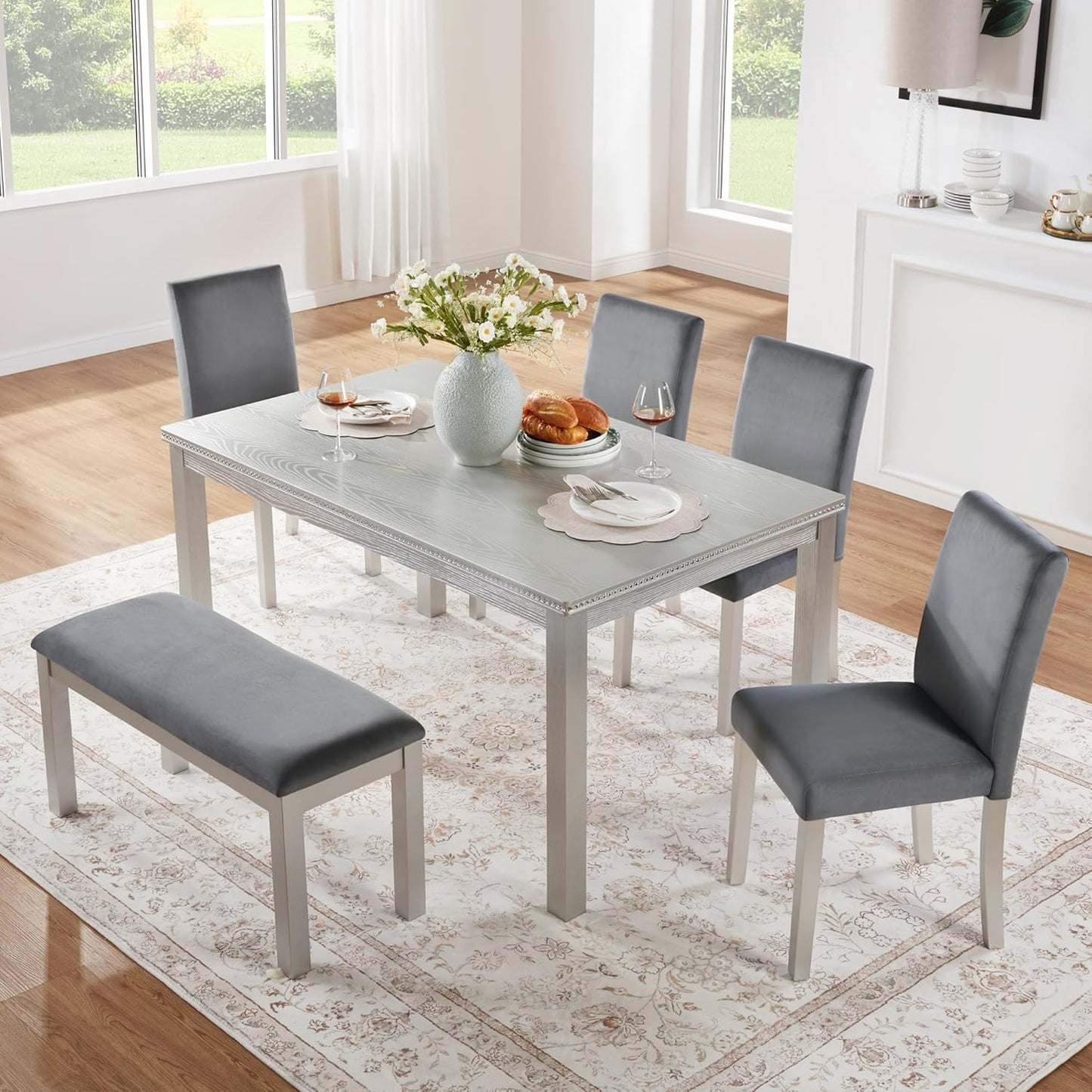 soges 6 Piece Wooden Dining Table Set, Wooden Dining Table with 4 Upholstered Chairs and Bench for 6 People, Rectangular Dining Table Set with Crystal Decoration for Kitchen, Dining Room, Silver Grey