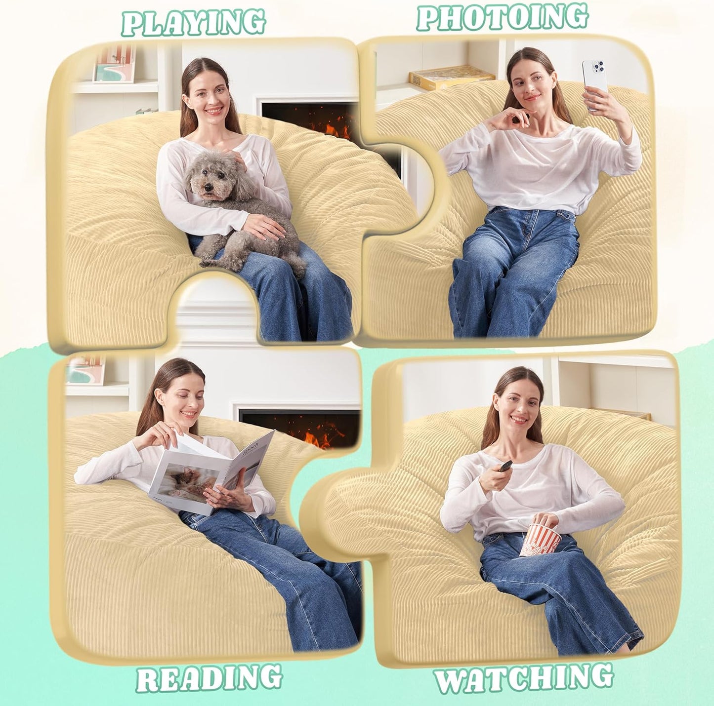 HABUTWAY 4FT Bean Bag Chair,Giant Bean Bag Chairs for Adults,Big Bean Bags with Memory Foam Filled, Large Beanbag Chairs with Soft Corduroy Cover-Khaki