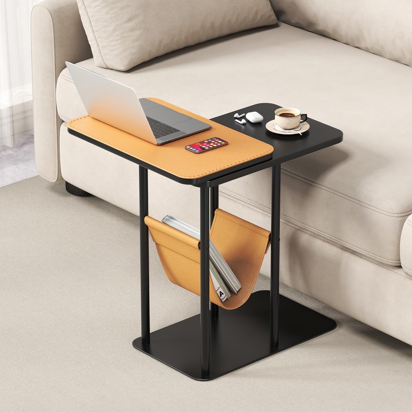 C Table End Table, Metal Base C Shaped Side Table, Double Tabletop Laptop Stand TV Table for Sofa and Bed, Couch Tables That Slide Under, Coffee Table for Bedroom Living Room Small Spaces (Walnut-1)