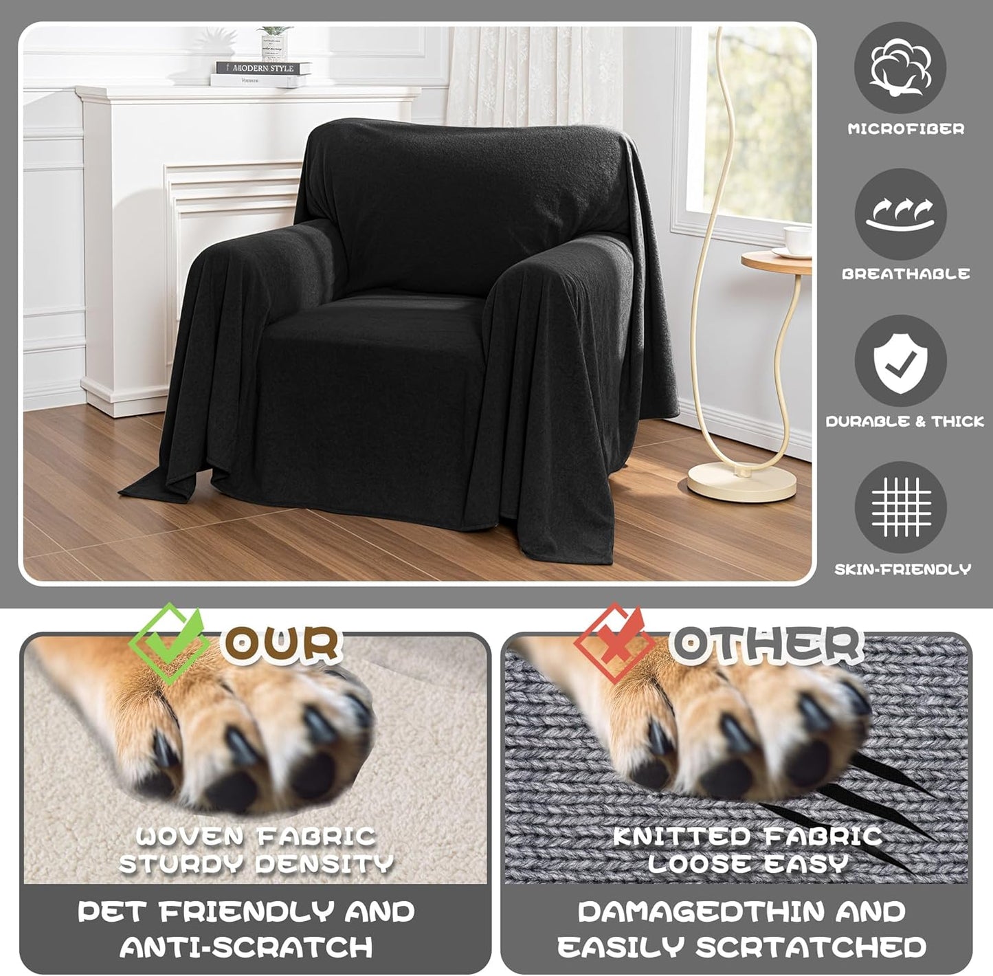 MYSKY HOME Black Couch Covers for Reclining Couch, Non-Slip Sectional Sofa Cover for Dog, Couch Covers for Sofa, Pet Couch Protector, Chair Covers Sofa Slipcovers Washable Furniture Covers, 71"x 91"